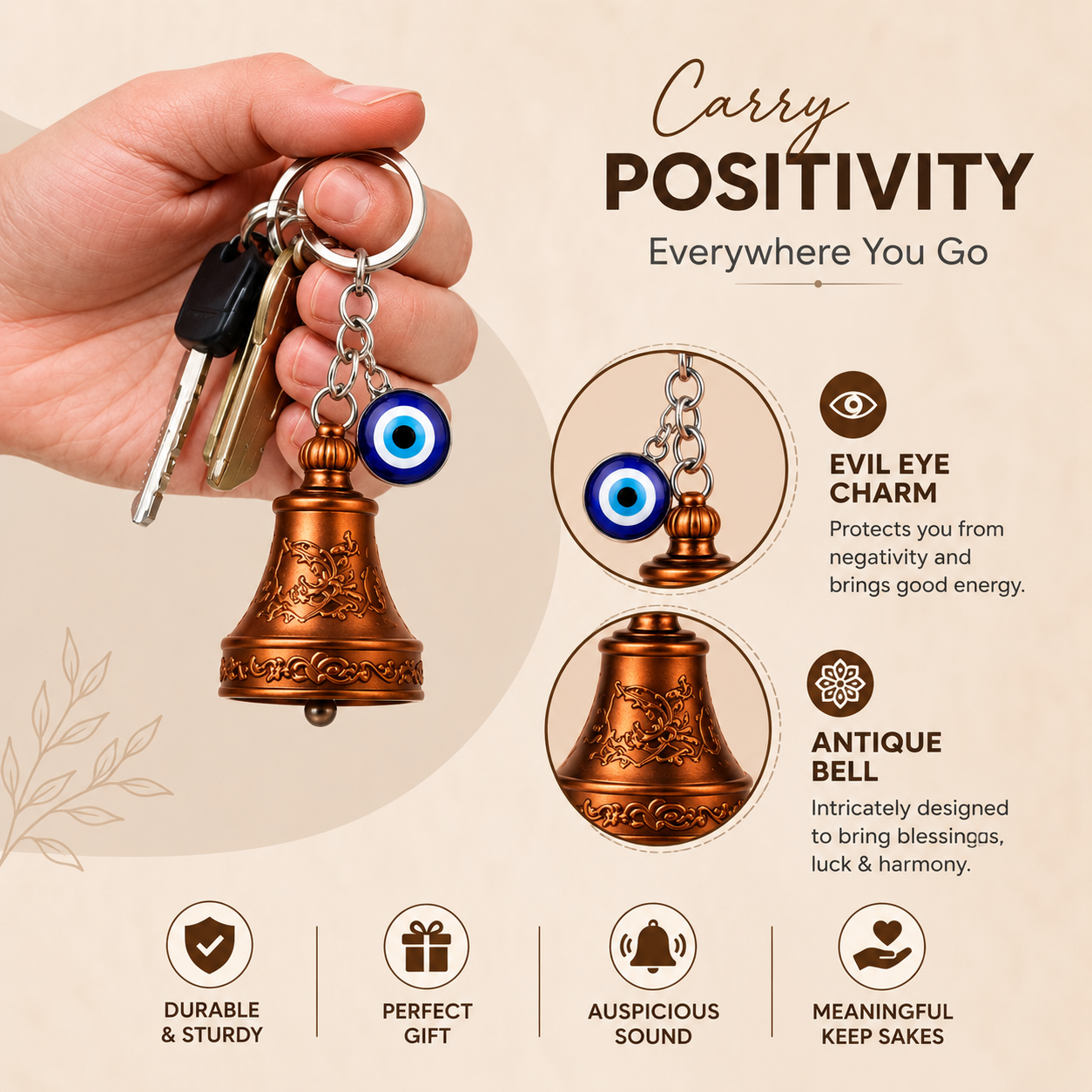 Evil Eye Bell Keychain – Antique Handcrafted Lucky Charm for Protection & Positive Energy