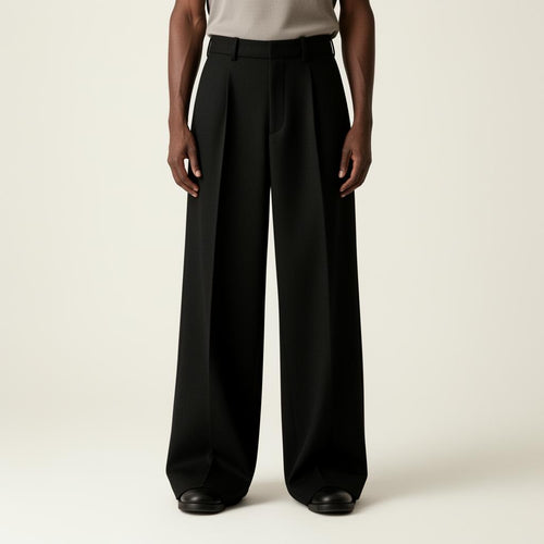 Black pleated wide-leg wool trousers